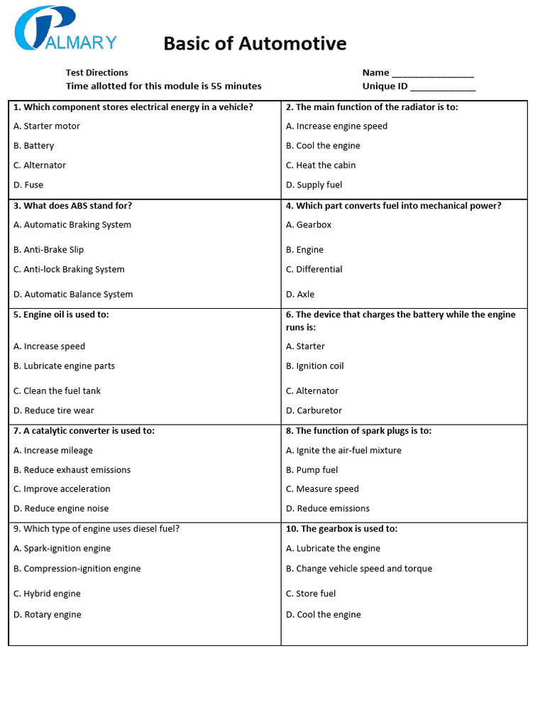 Basic Automotive .. Question Paper | PDF | Engines | Brake