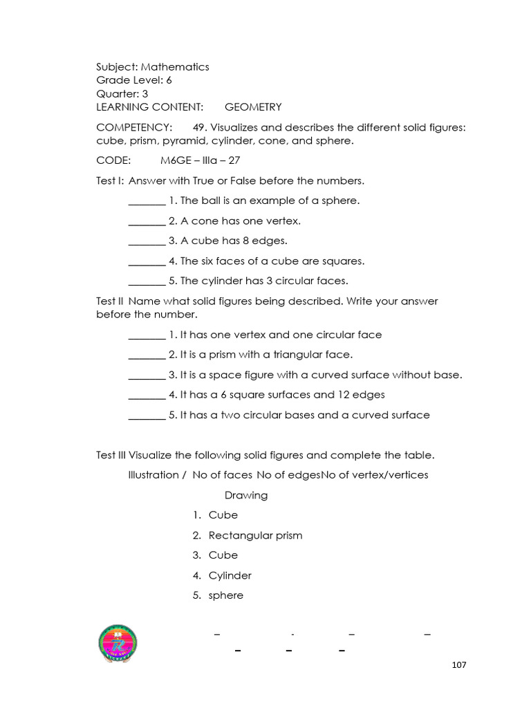 3rd Quarter Grade 6 Math Item Bank | PDF | Area | Sphere