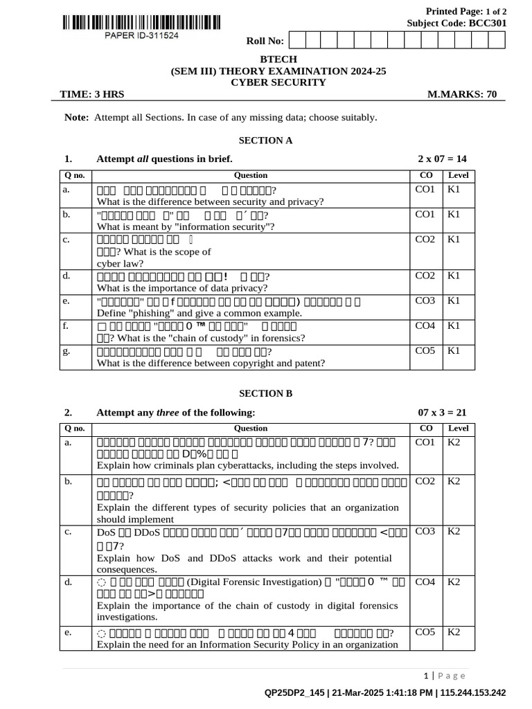 Btech Cc 3 Sem Cyber Security Bcc301 Mar 2025 | PDF | Cyberspace ...