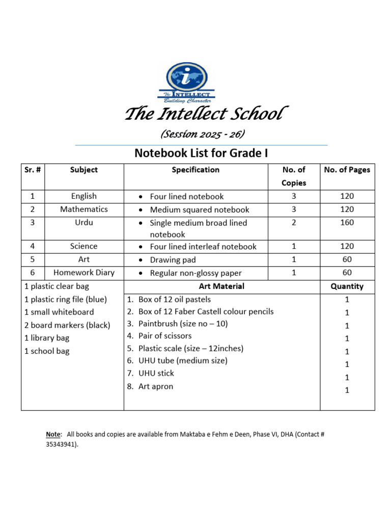 Notebook List Grade I 2025 26 | PDF