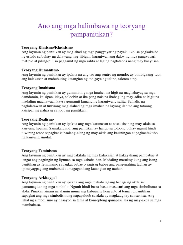 Ano Ang Mga Halimbawa Ng Teoryang Pampanitikan
