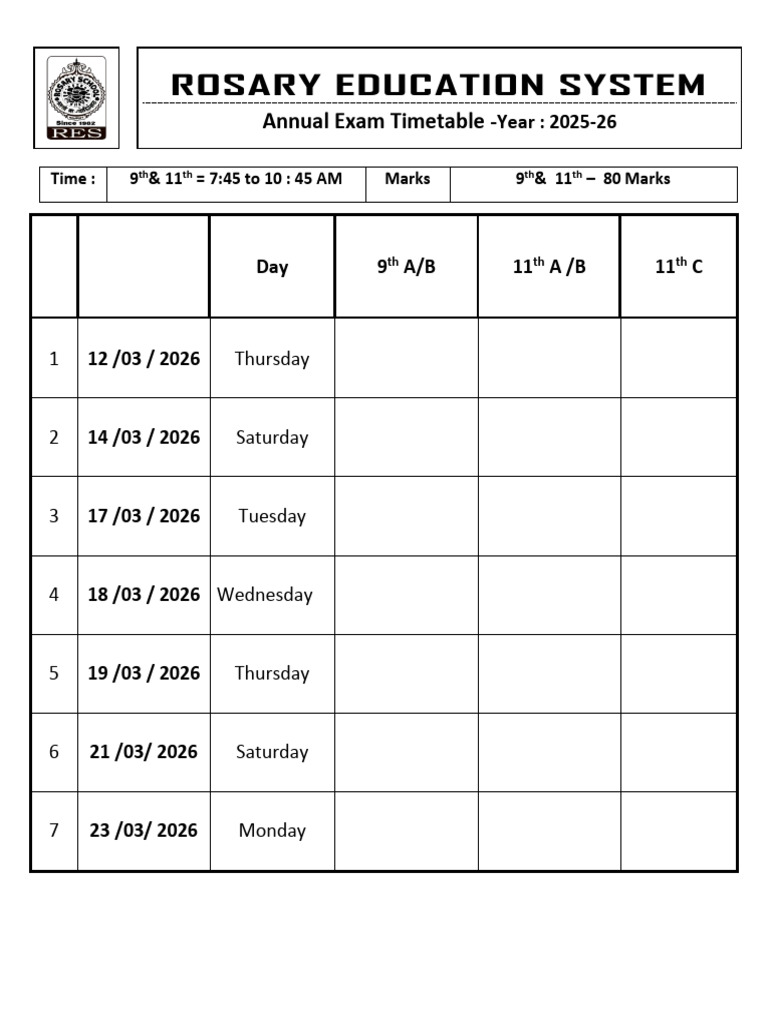 Annual Exam Timetable - March 2026 | PDF