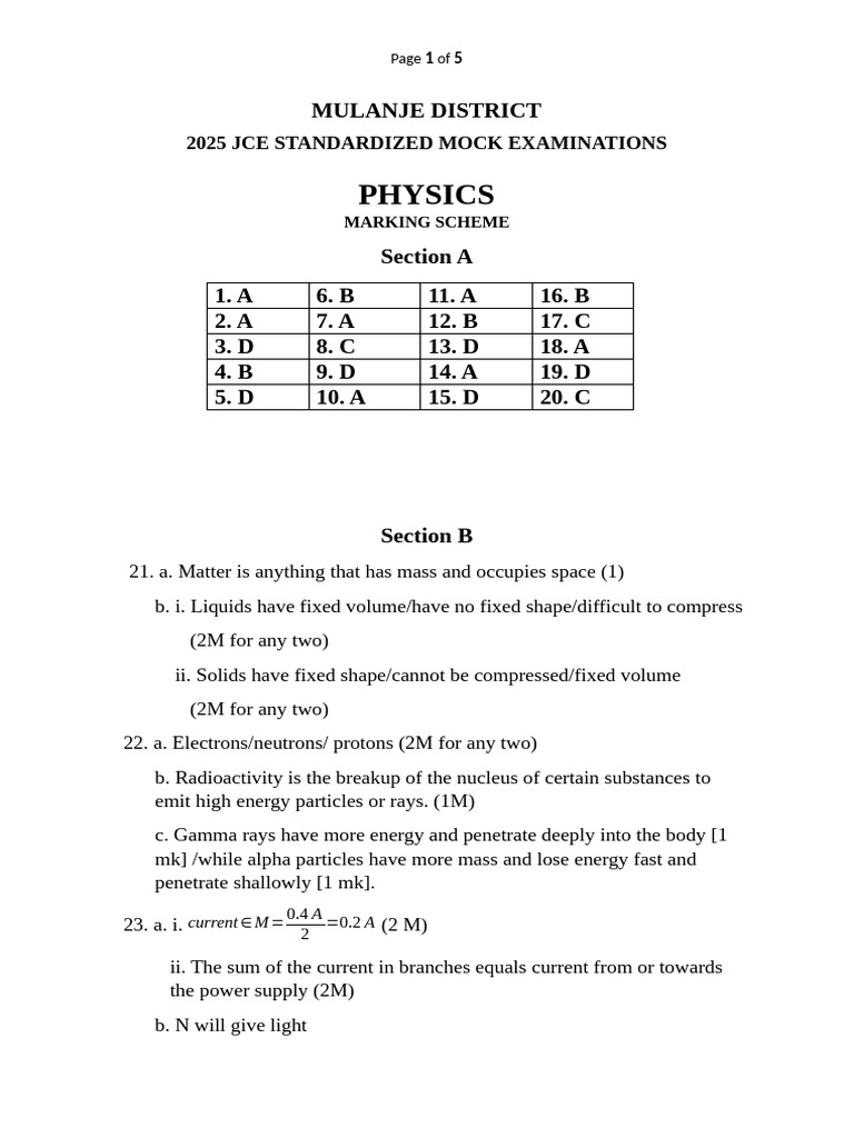 2025 Jce Physics MJ Mock Provisional Marking Scheme | PDF | Matter | Force
