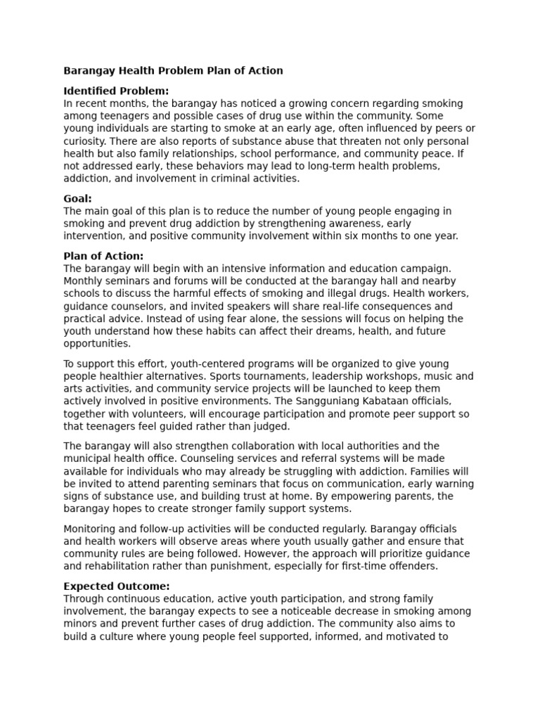 Barangay Health Problem Plan of Action | PDF | Substance Abuse ...