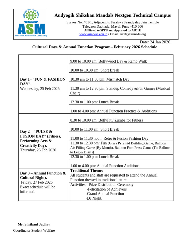 Cultural Days & Annual Function Schedule - Feb 2026 | PDF