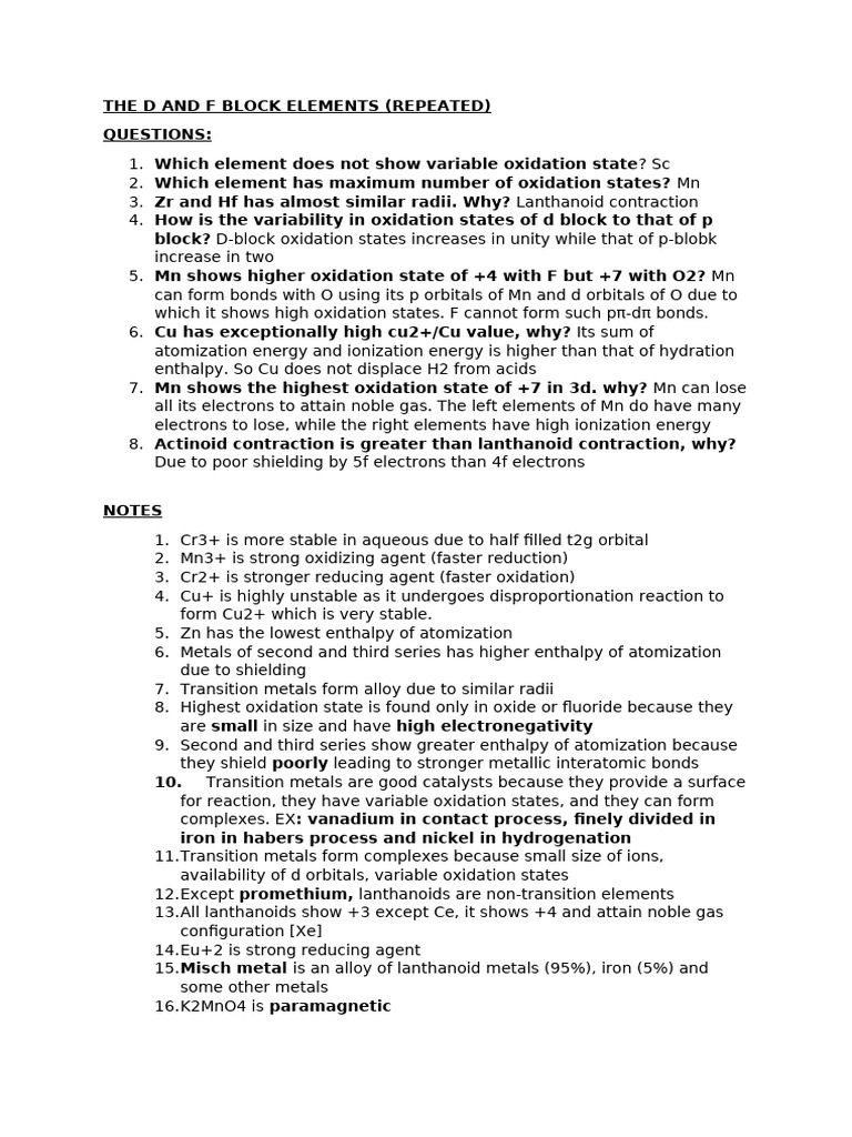 The D and F Block Elements | PDF | Redox | Lanthanide