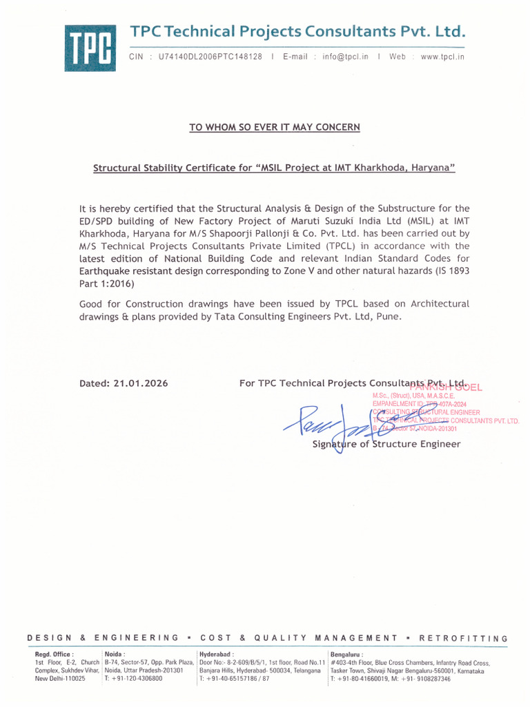 Building Structural Stability Certificate - TPCL | PDF