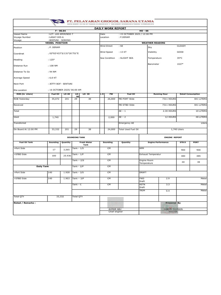 Lasa7-005-A Noon Report Vessel at Sea Lct. Las Amirindo7 15 Oct 2025 | PDF