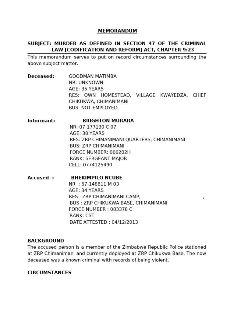 Memo Murder Chimanimani Goodman Matimba | PDF | Crime & Violence | Justice