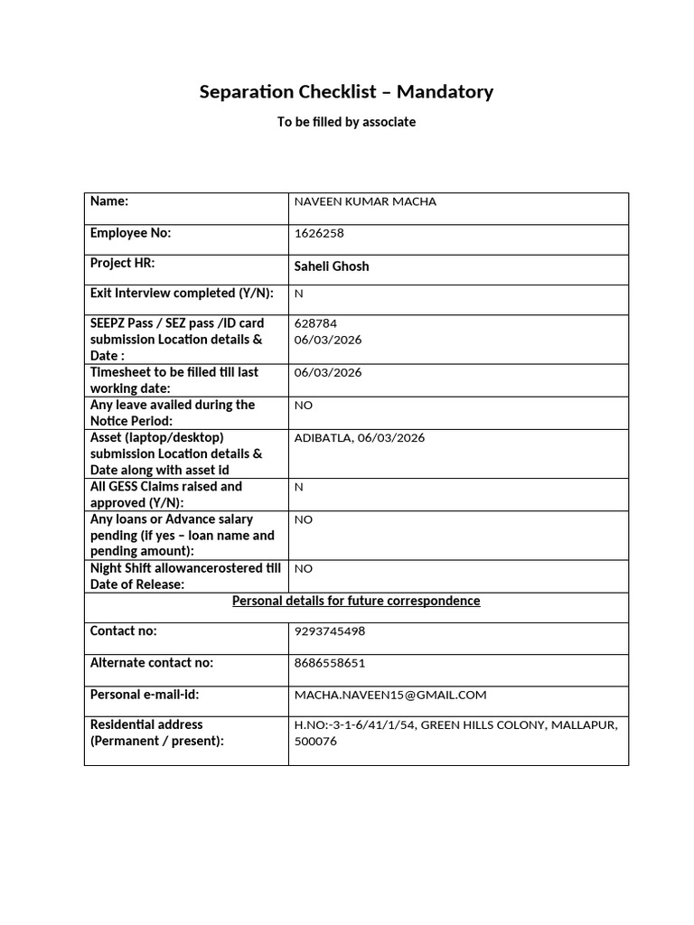 Separation Checklist | PDF
