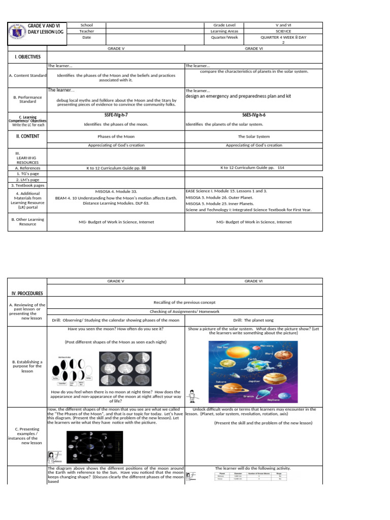 DLL Science 5 Amp 6 Multigrade Class | PDF | Moon | Solar System