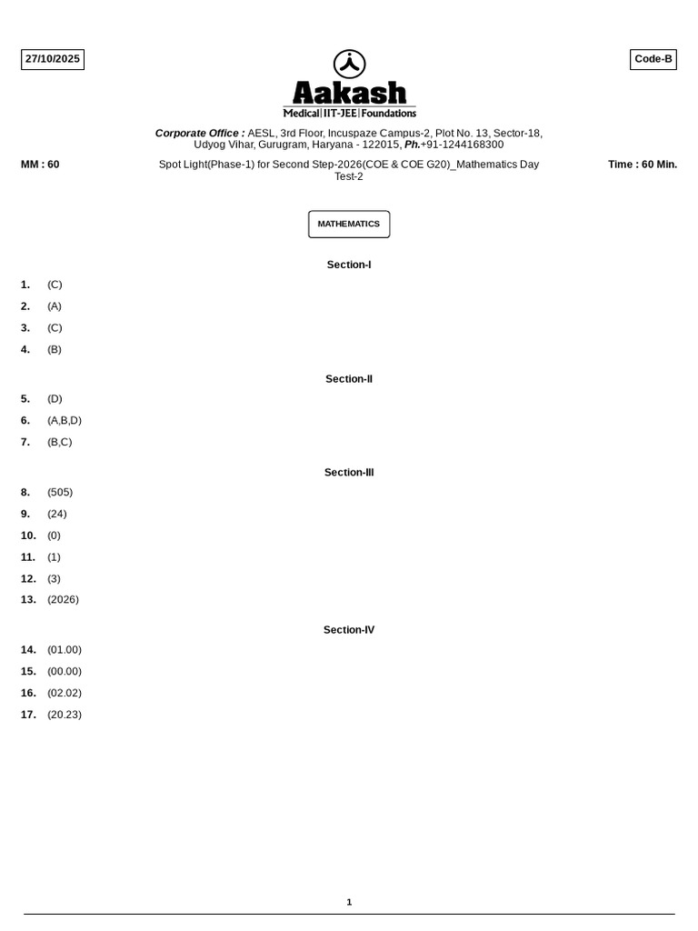 Spotlight Phase-1 (2025-26) Day-2 Test Mathematics (Sol.) (2023-P-2 ...