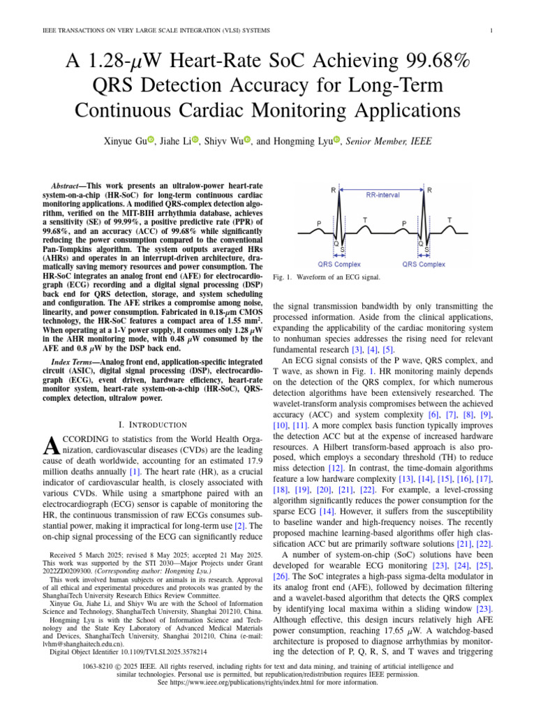 A 1.28-W Heart-Rate SoC Achieving 99.68 QRS Detection Accuracy For Long ...