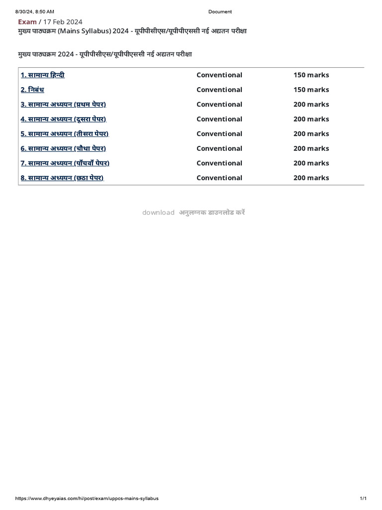 Uppcs Mains Syllabus | PDF