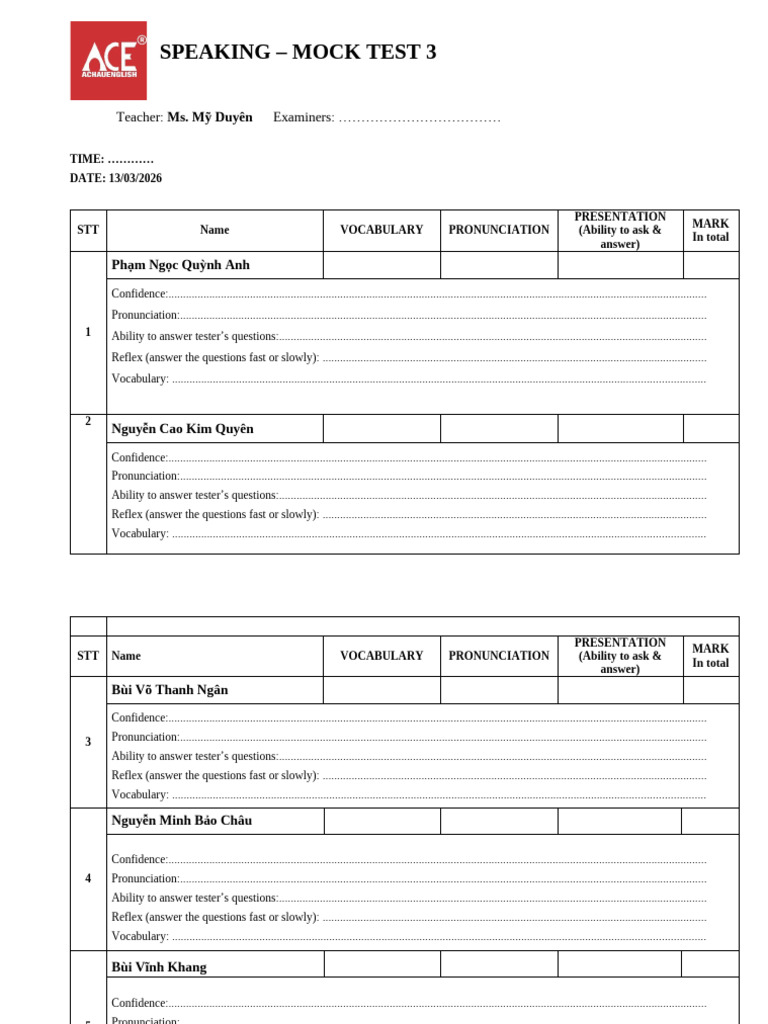 Form Chấm Điểm - KET - 246K2 - Ms.duyên | PDF | Vietnam