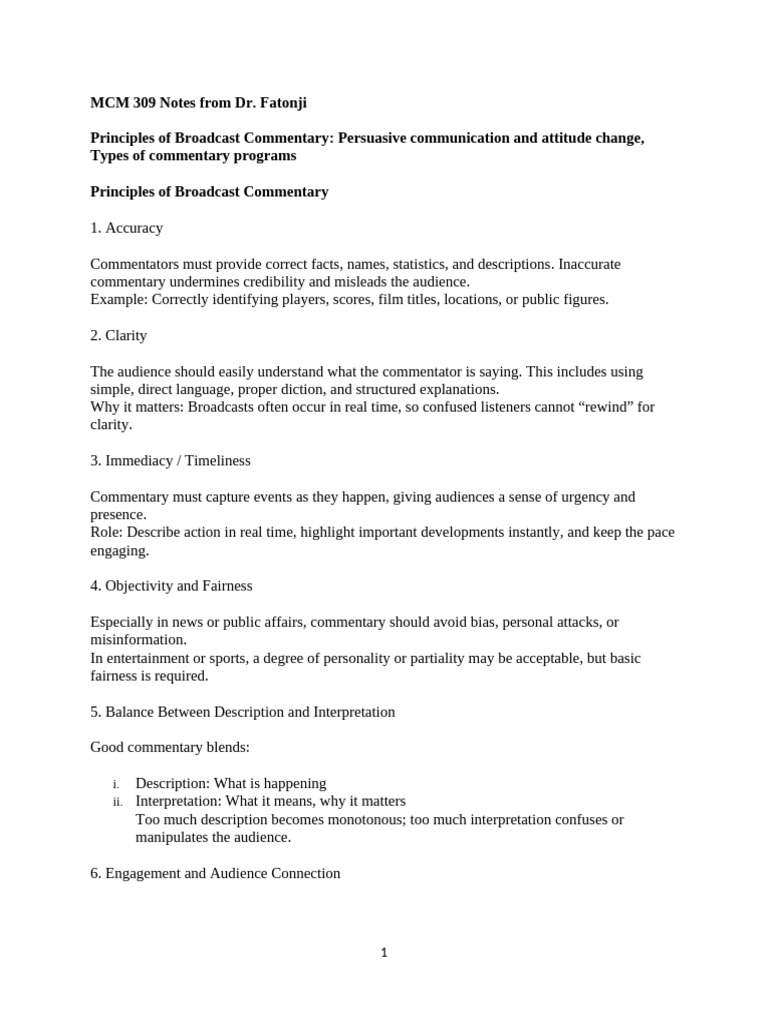 Notes of Broadcast Commentary (MCM 309) From Dr. Fatonji | PDF ...