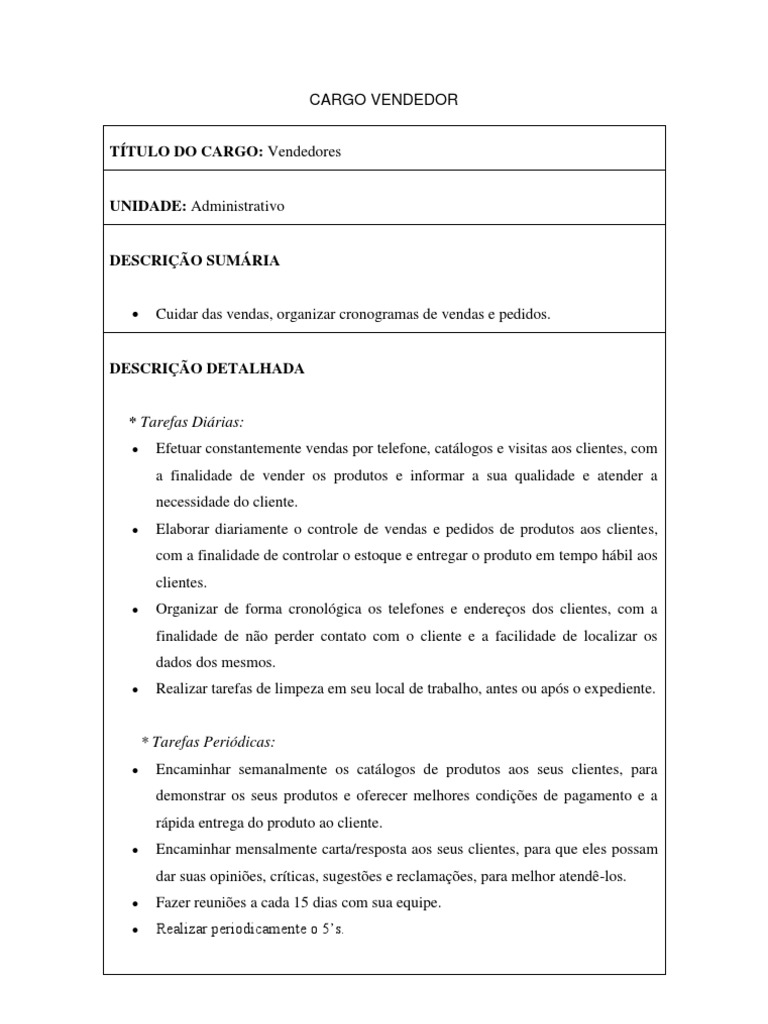 Descrição do Cargo de Vendedor | PDF