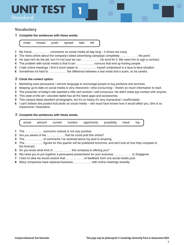 CAdv TG Unit Test 01 Standard | PDF | Communication | Human Communication