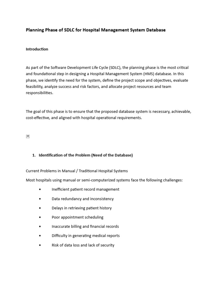 Planning Phase of SDLC For Hospital Management System Database | PDF ...