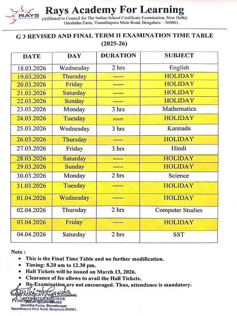 Final Time Table - Grade 3 | PDF