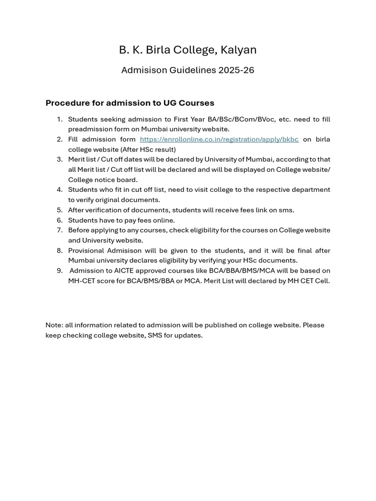 Admission Guidlines 2025-26 | PDF