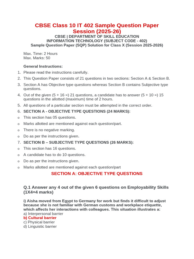 CBSE Class 10 IT 402 Sample Question Paper Session | PDF | Spreadsheet ...