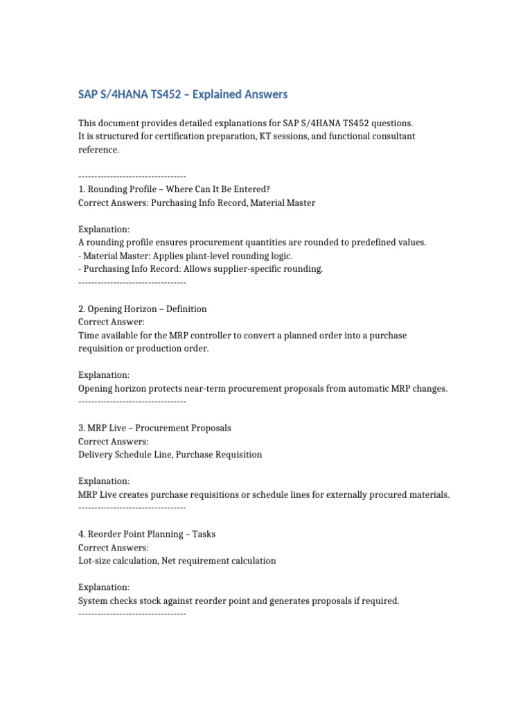 SAP TS452 Explained Answers | PDF