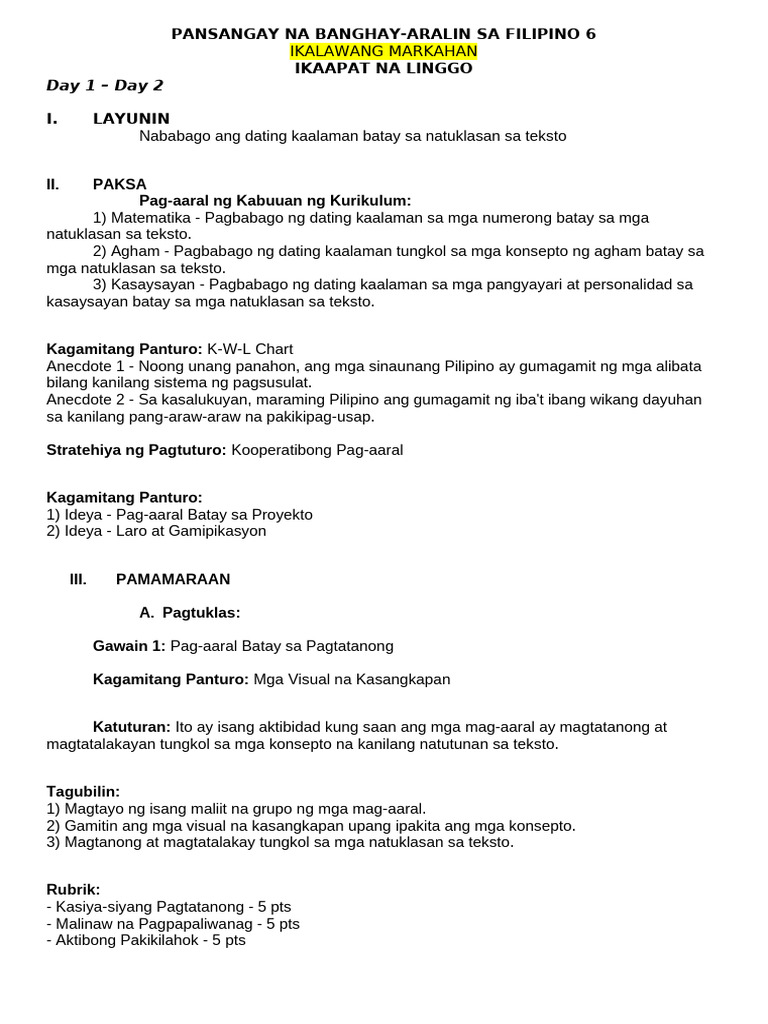 Filipino 6 - q2 - w4 - Day 1 - Day 5 | PDF