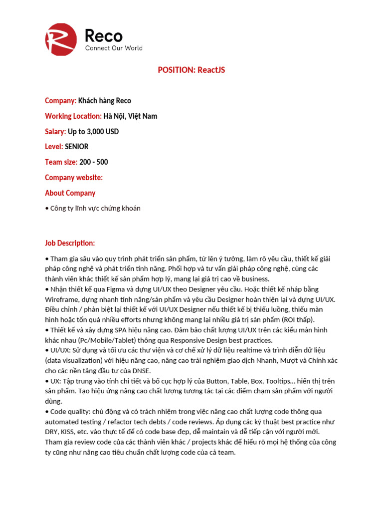 JD - Senior Frontend Developer (ReactJS) | PDF