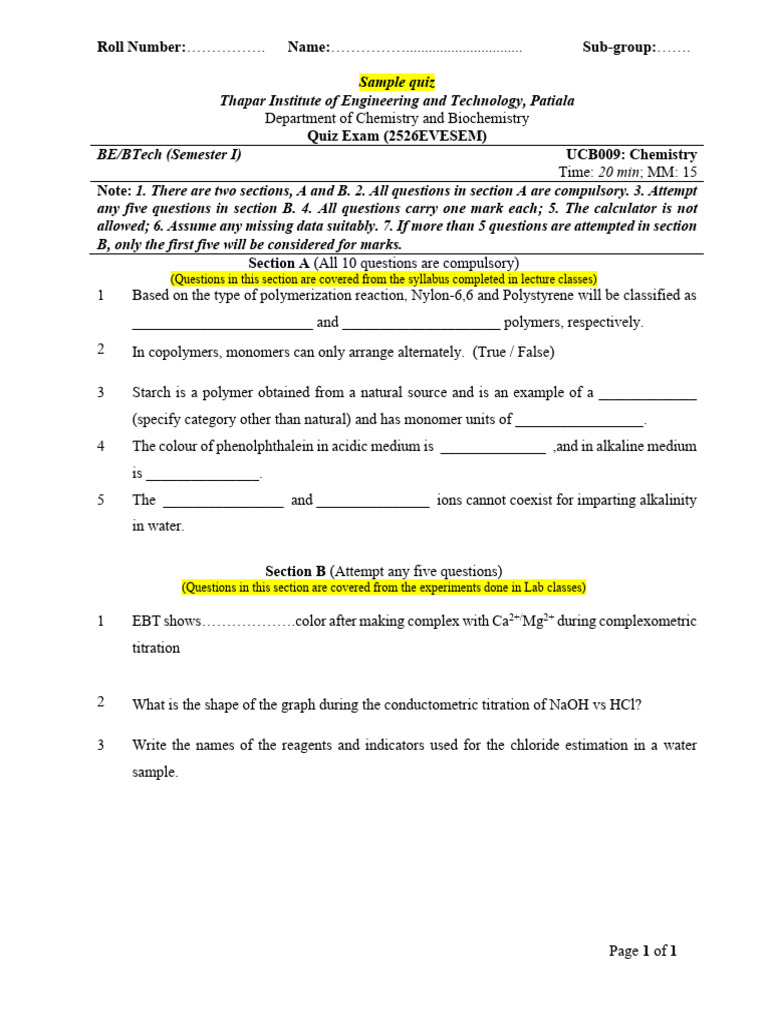 Sample QUIZ Paper - Chemistry | PDF