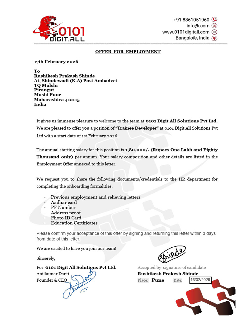 Signed Employment Offer Letter Rushikesh Shinde | PDF | Payroll ...