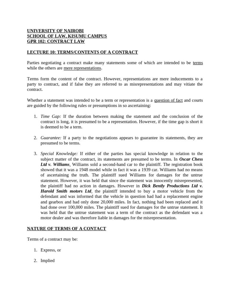 Contract Law I Lecture 10 - Terms of Contract | PDF | Implied Warranty ...