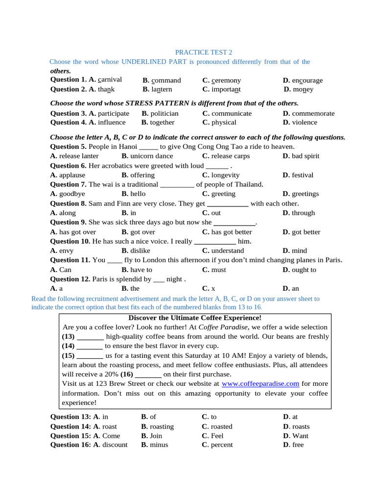 Practise Test Sample Test | PDF | Coffee | Engagement
