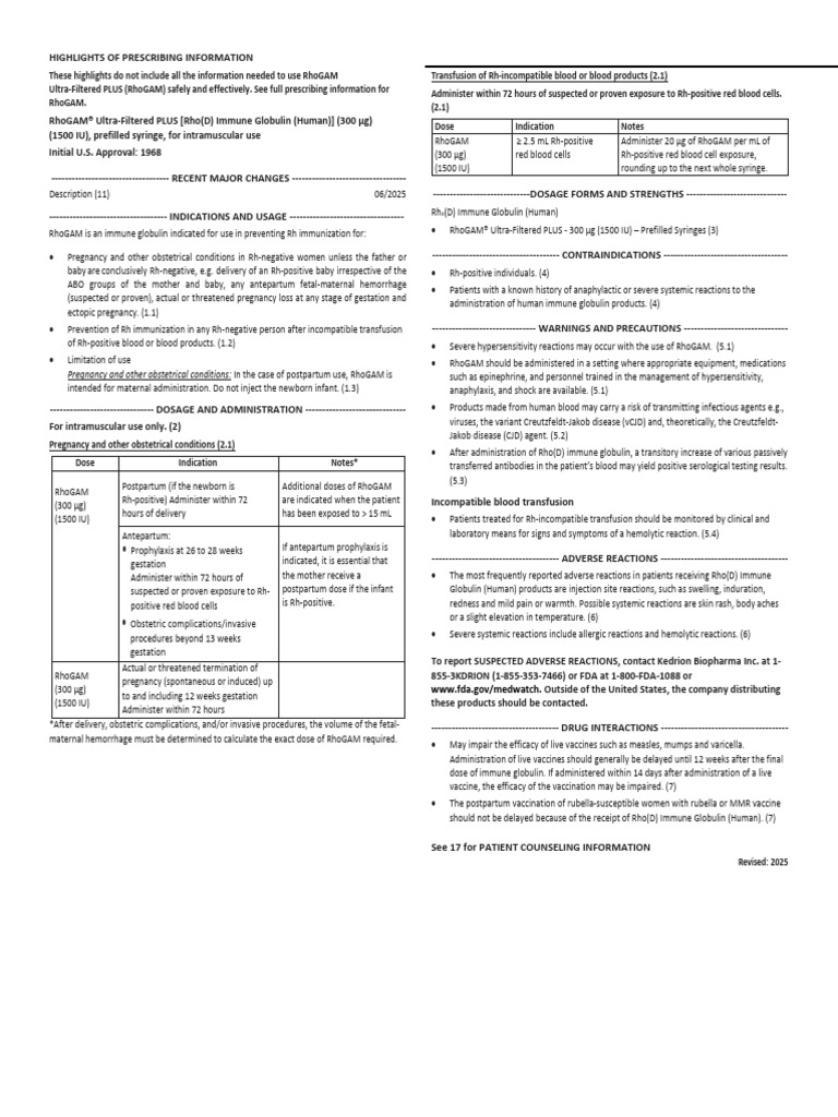 RhoGAM Prescribing Information | PDF | Hepatitis B | Virus