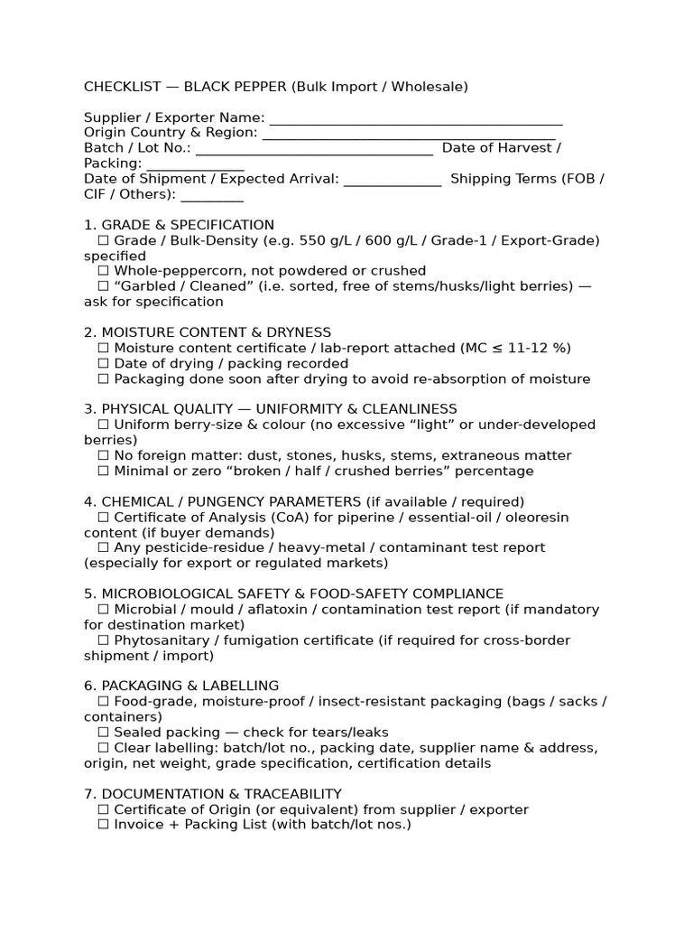 Checklist For Black Pepper Importing | PDF