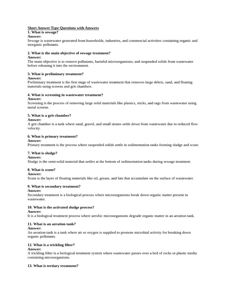 Short Answer Type Questions With Answers | PDF | Sewage Treatment ...