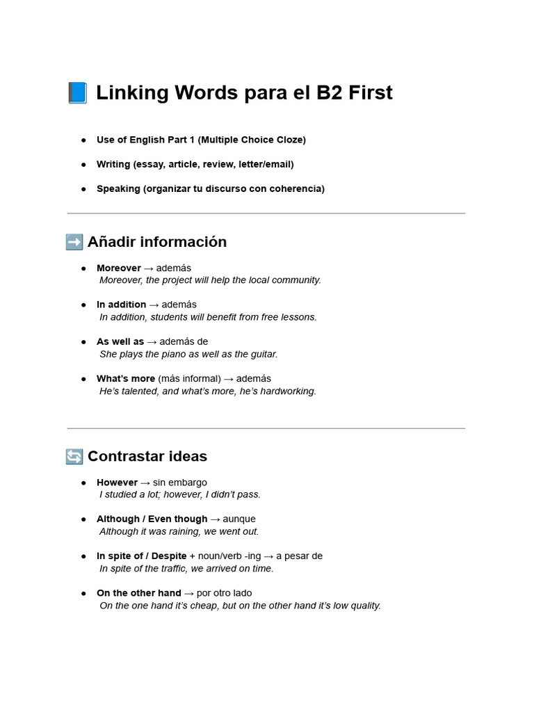 ? Linking Words para El B2 First | PDF