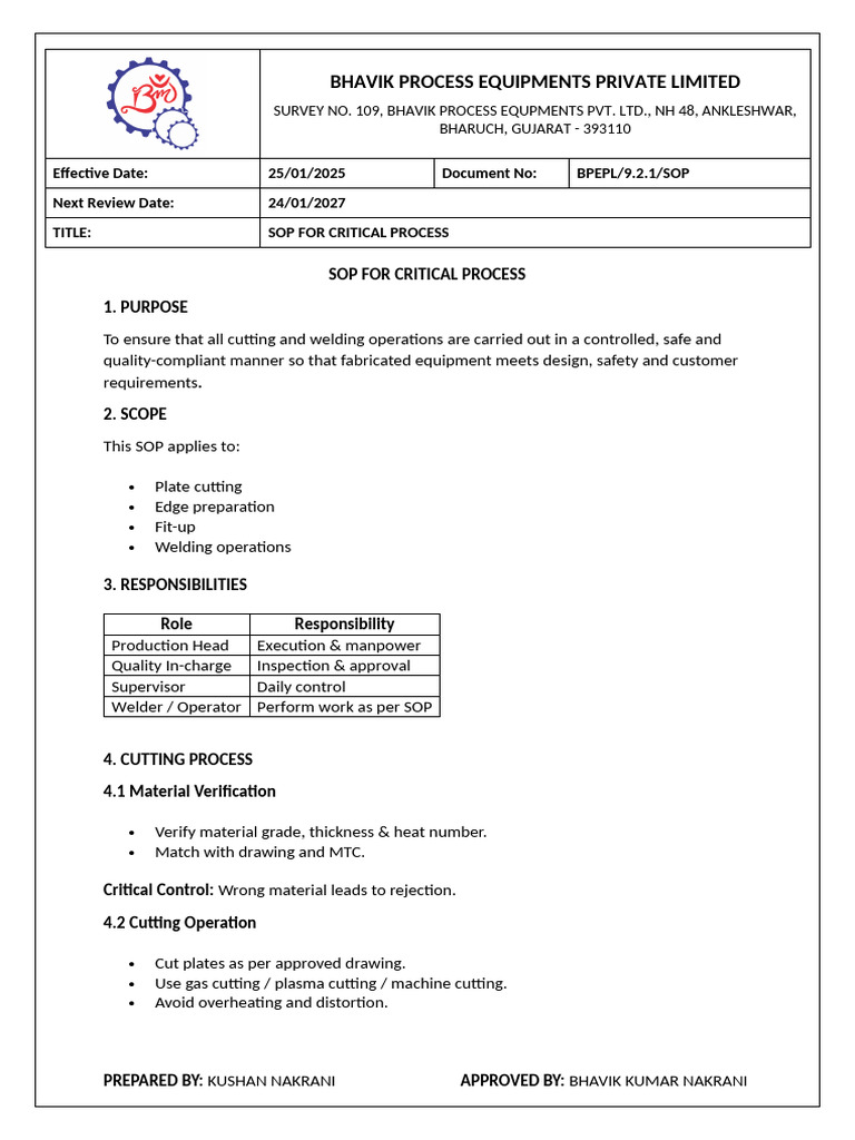 9.2.1 - SOP For Critical Process | PDF | Welding | Construction