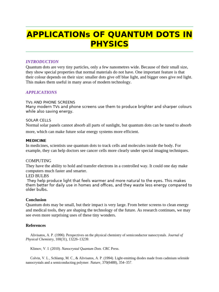 Applications of Quantum Dots in Physics | PDF