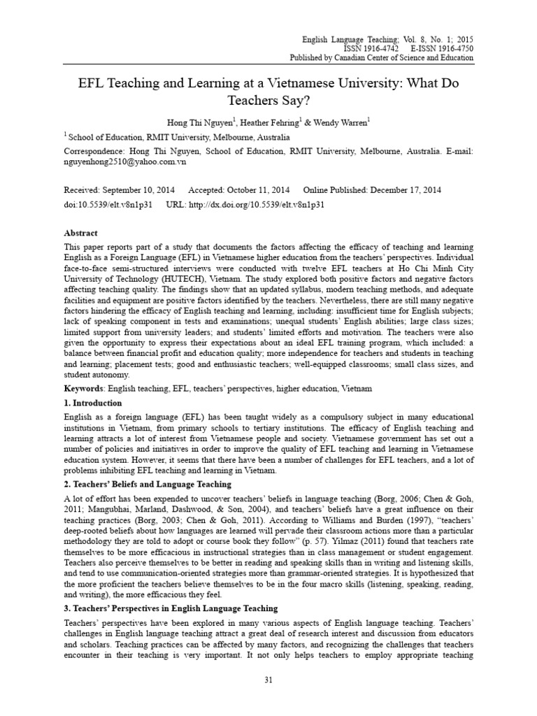 EFL Teaching and Learning at A Vietnamese Universi | PDF | Teachers ...