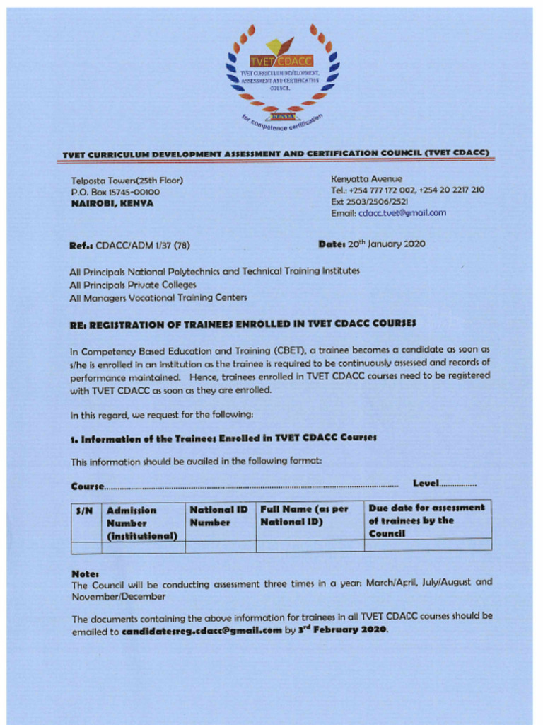 Registration of Trainees Enrolled in TVET CDACC Courses | PDF