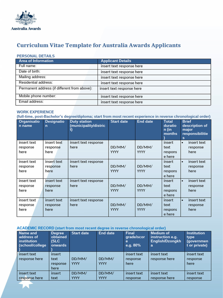 Australia Awards CV Template | PDF | Business Documents