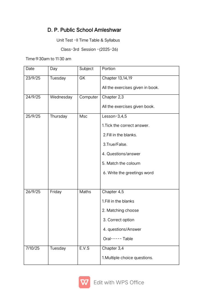 Class 3rd Unit Test-Ll Time Table Syllabus | PDF