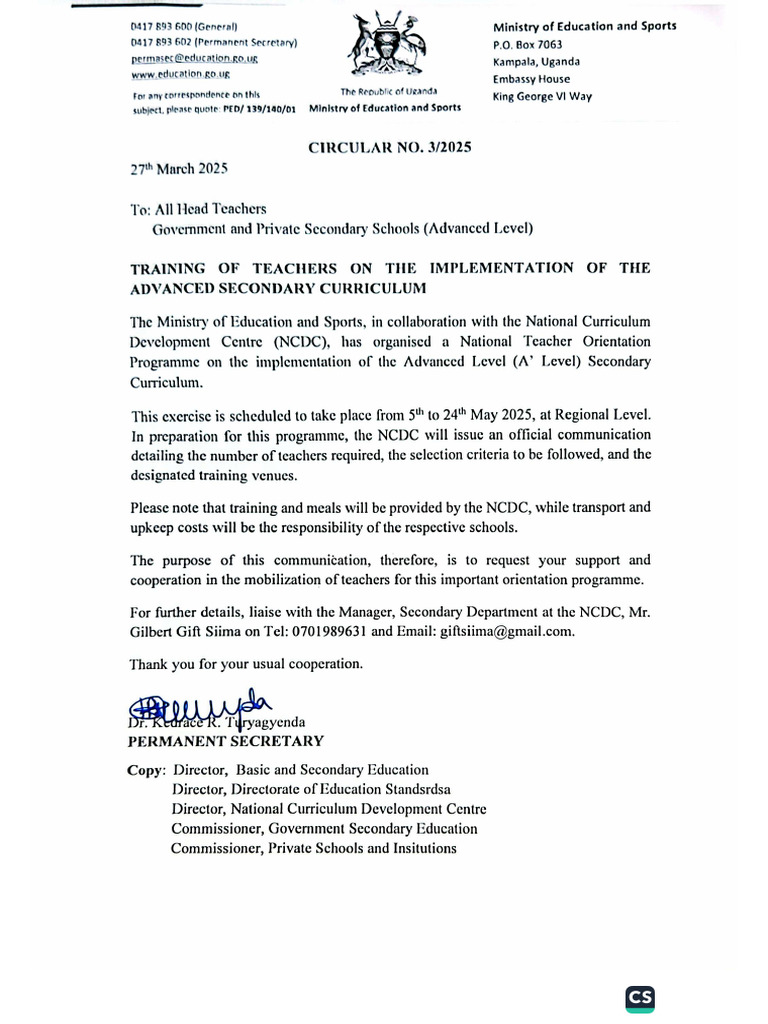 Circular - Training of Teachers On The Implementation of The Advanced ...
