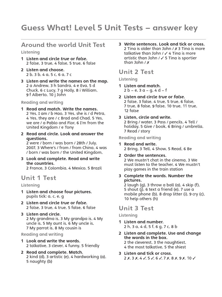 Answer Key Unit Tests | PDF