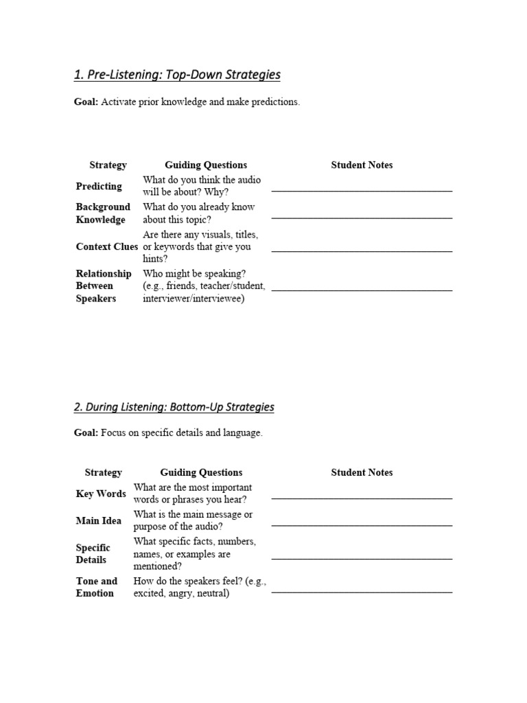Pre Listening Top Down Strategies | PDF