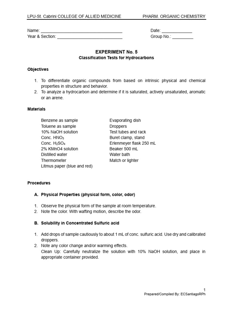 Expt 5 Classification Test For Hydrocarbons | PDF | Organic Chemistry ...