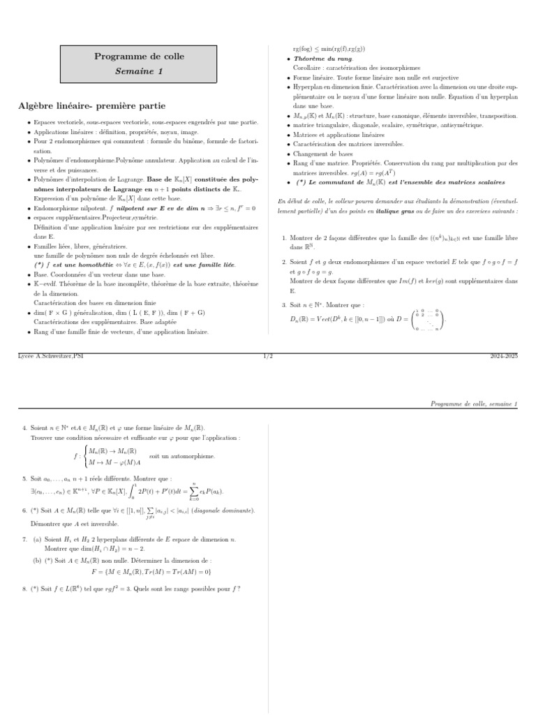 Semaine 1: Programme de Colle | PDF | Matrice (Mathématiques) | Base ...
