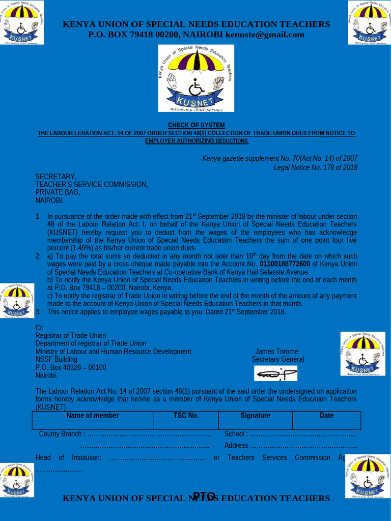 Kenya Union of Special Needs Education Teacher - New Form | PDF ...