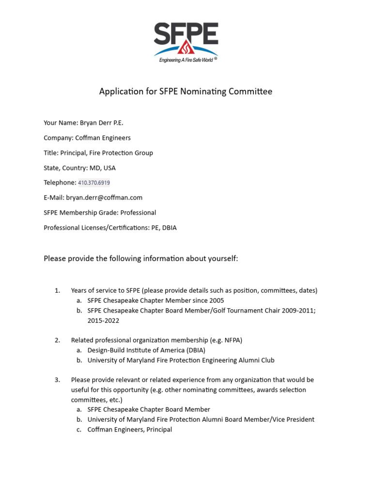 2024 SFPE Nominations Committee - Application Form Bryan Derr | PDF ...